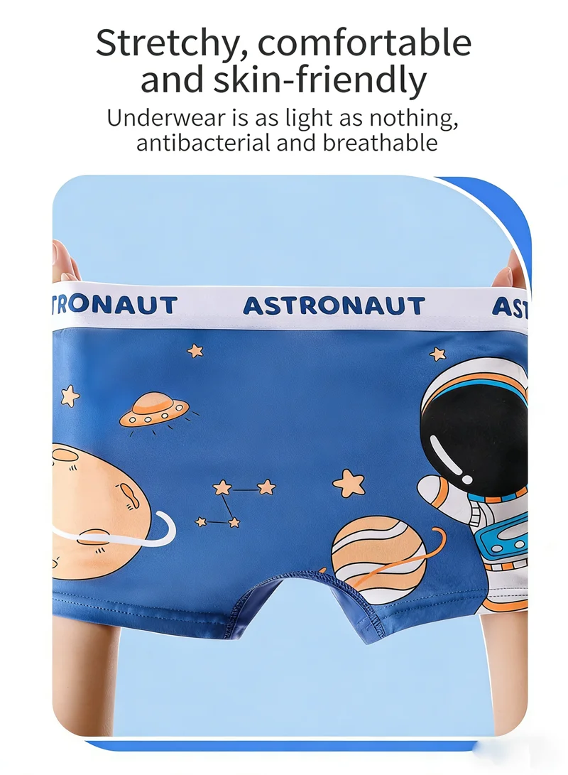 Kinderunterwäsche aus Baumwolle mit flachen Ecken, geeignete Elastizität, Aufdruck „Astronauten“, weiche und atmungsaktive Boxershorts für Jungen von 1–10 Jahren – Detail 7