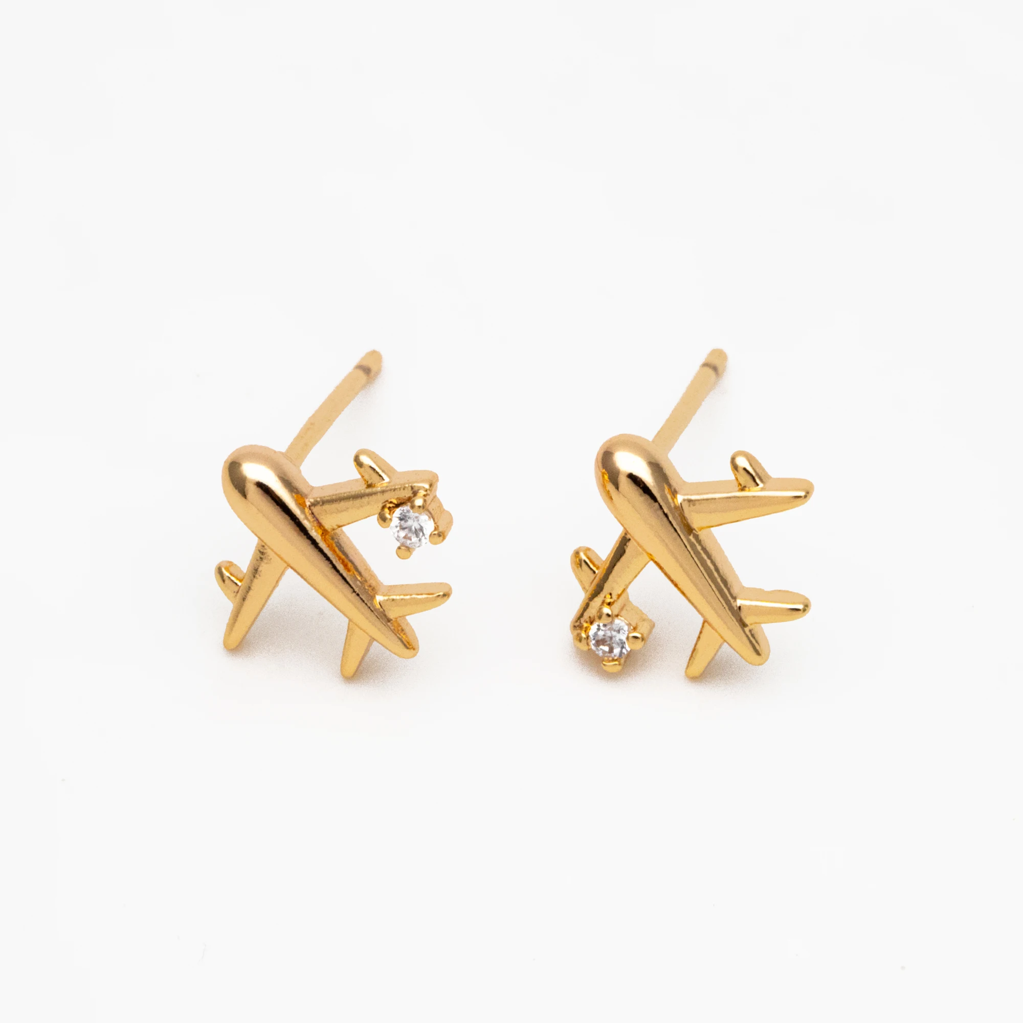 10pcs CZ Pave Gold Airplane Stud Earrings, Gold Plated Brass Dainty Plane Earrings (#GB-4236)