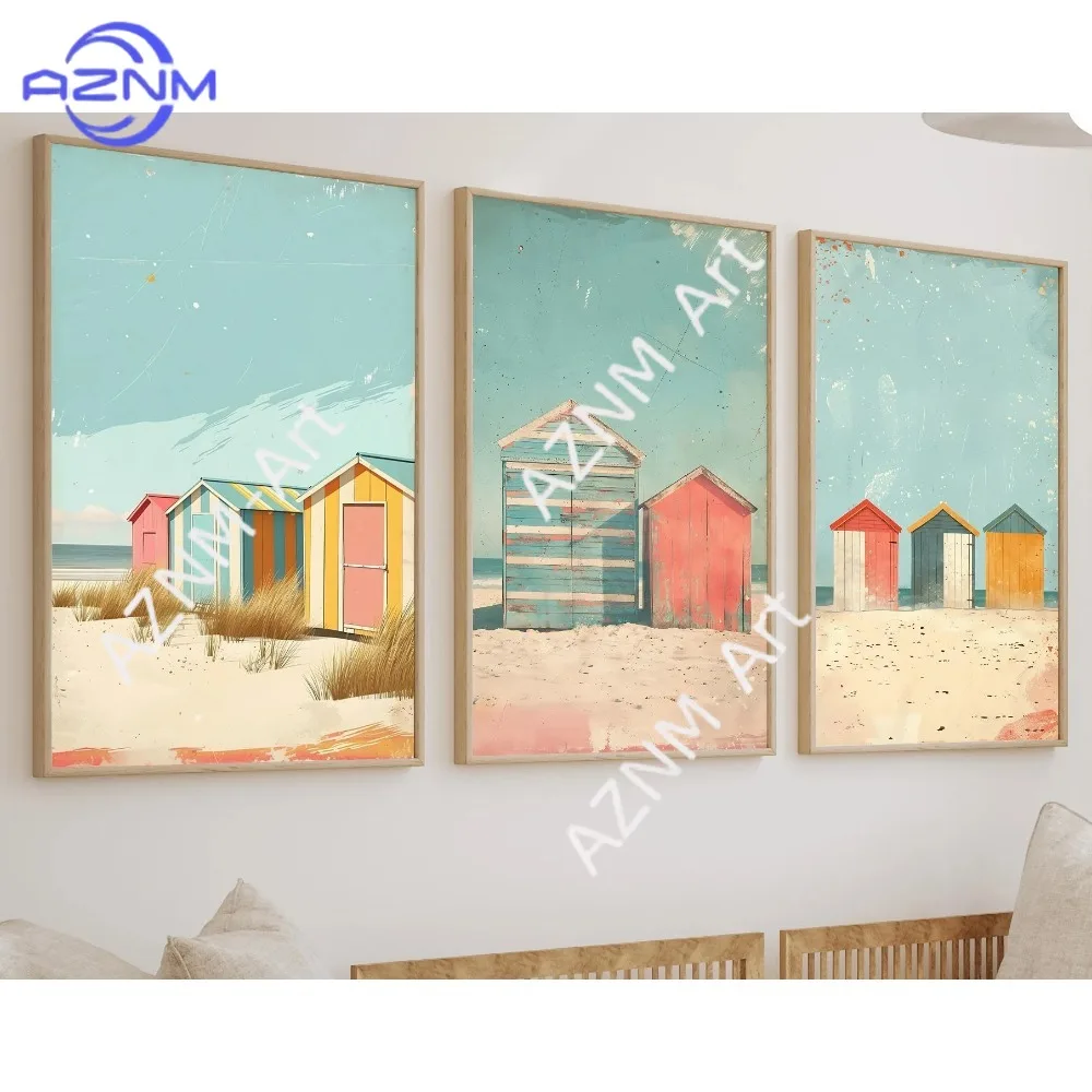 1/3PCS ， Beach Wall Art, Set Of 3 Prints, Beach Hut Wall Pr…