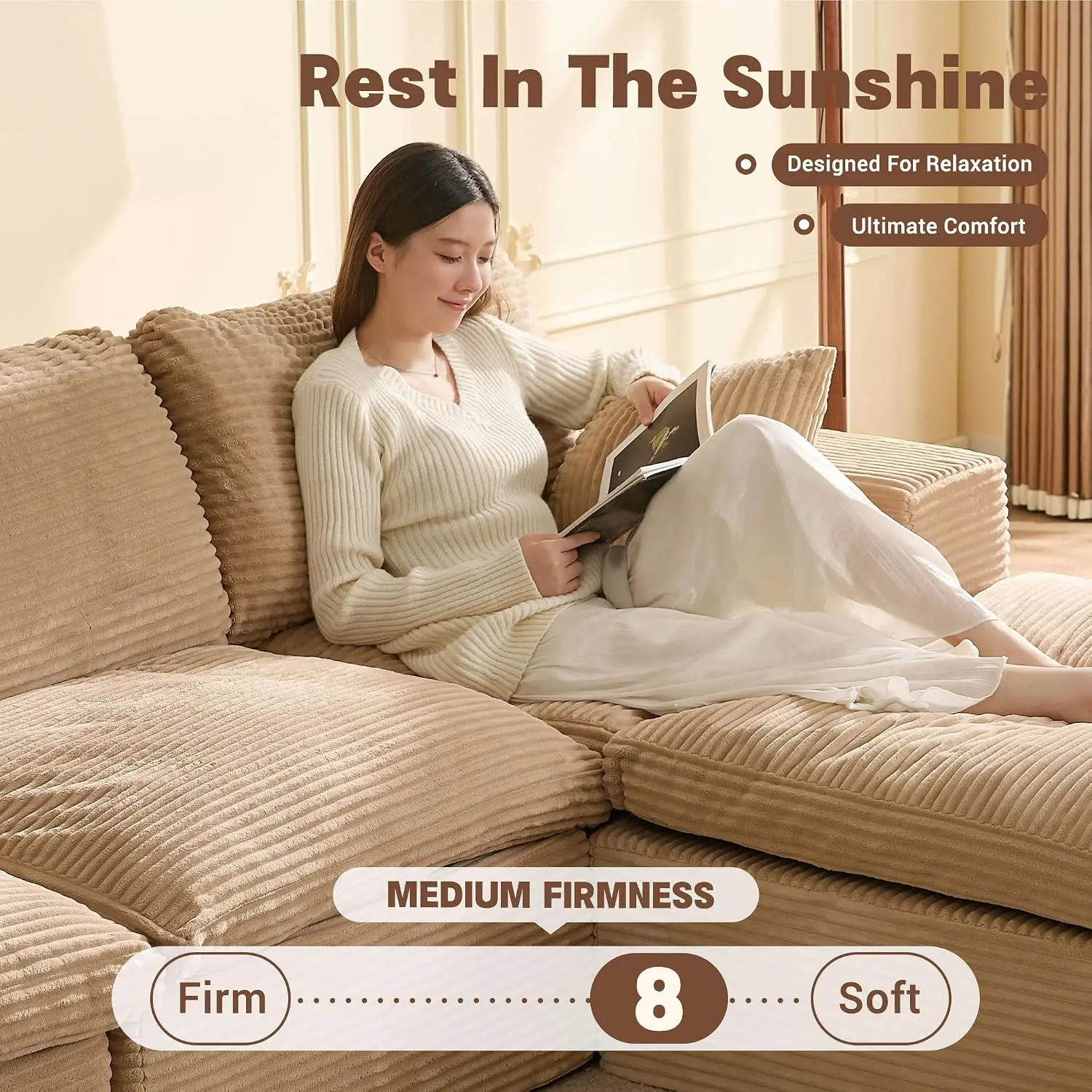 Corduroy Modular Sectional Sofa, Convertible L Shaped Deep Seat Couch Bed For Living Room, 106.3