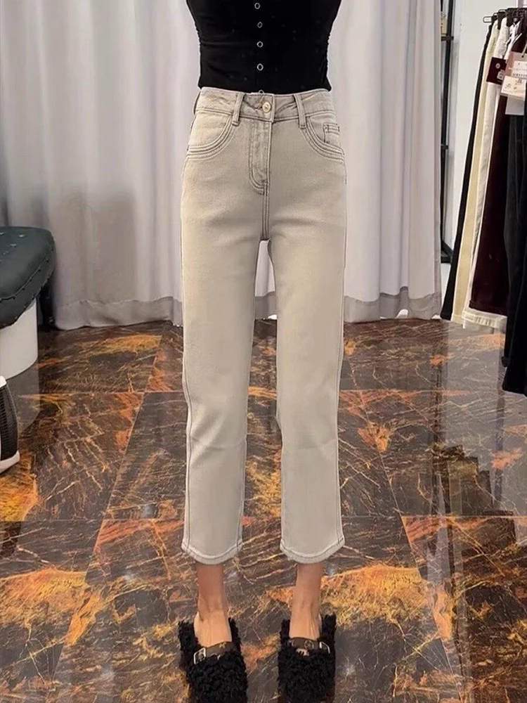 

2025 Autumn New Nine Cropped Pants Straight High Waist Elastic Fashionable Versatile Age Reduction Tube Smoke Pipe Jeans