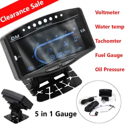 Instrument Panel 5 In 1 12V Car LCD Oil Pressure +Tachometer +Voltmeter + Fuel +Water Temp Gauge With Sensor Digital ALARM Gauge