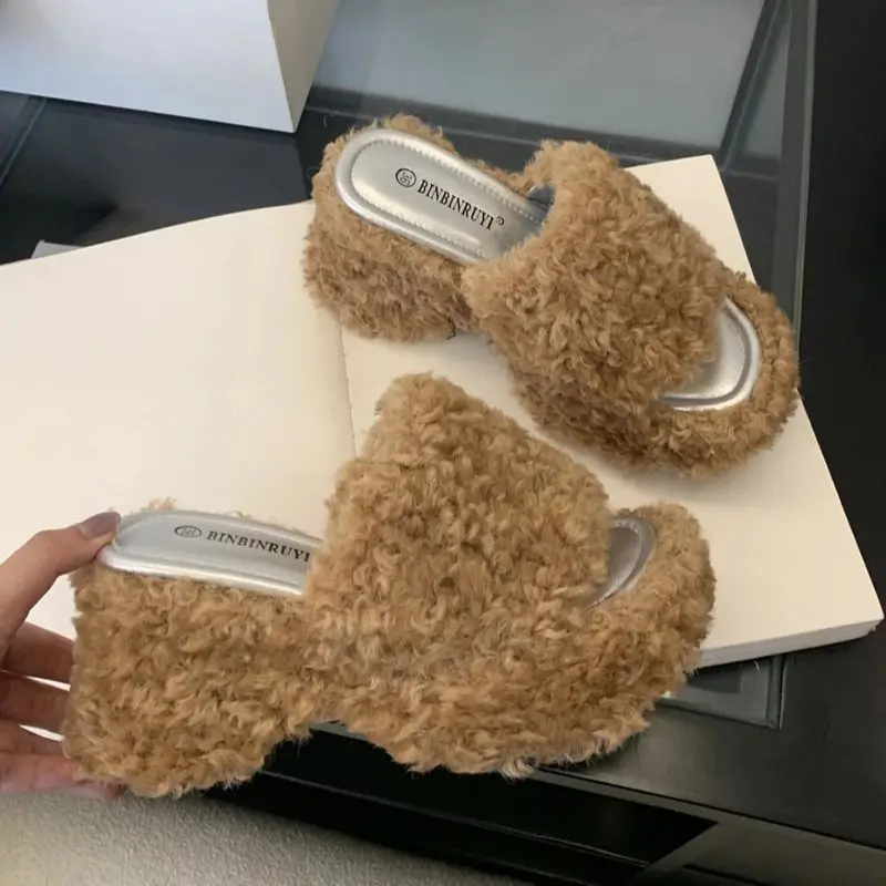 

White Furry Wedge Sandals Woman Fluffy Slippers Purple Platform Sandals Fall High Heels Chunky Shoes Chaussure Femme