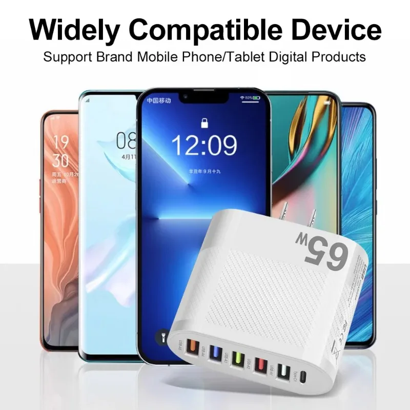 65W 5 USB+Type C Charger 6 Port Fast Charging for IPad IPhone Pro Max Huawei Samsung Xiaomi EU/US/UK Plug Multi Power Adapter