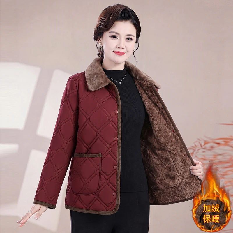 Winter NMiddle-aged Mother's Women Parkas  Add Velvet Cotton Jacket Female Thin Loose Cotton Padded Short Outwear