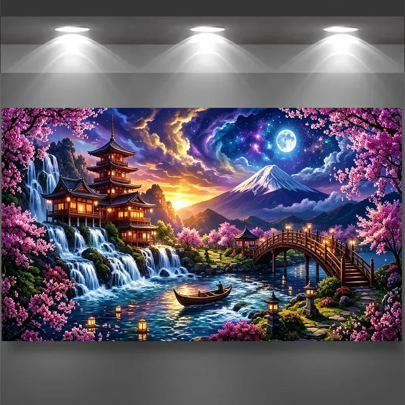 5D DIY Diamond Painting Kit,Fuji Mountain Cherry Blossom Waterfall Pavilion Scenic Mosaic Diamond Embroidery Full Drill Wall Art