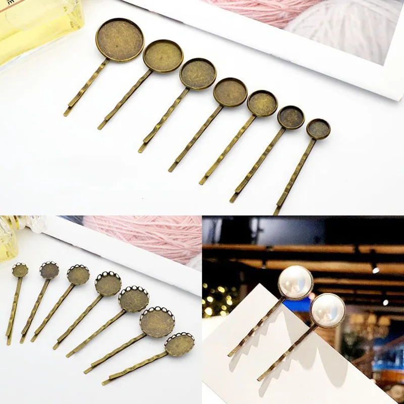 10pcs/lot Retro Hair Clip Single Prong Round Flower Hairpin With Teeth Blank Setting Base For DIY Jewelry Making Accessories