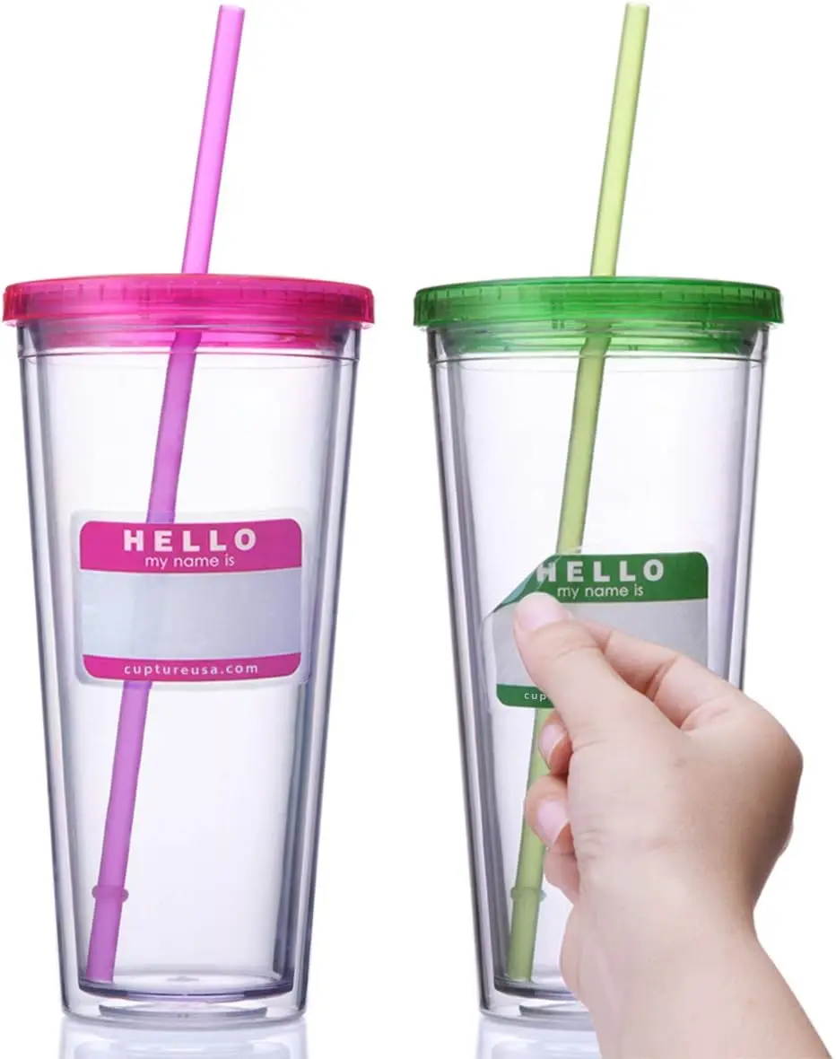 

Classic Insulated Double Wall Tumbler Cup with Lid, Reusable Straw & Hello Name Tags - 24 oz, 2 Pack (green/pink)