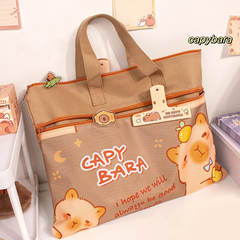 

Canvas Capybara Students Tutorial Bag Large-capacity With Zipper Tote School Packet School Office Supplies File Bag Student