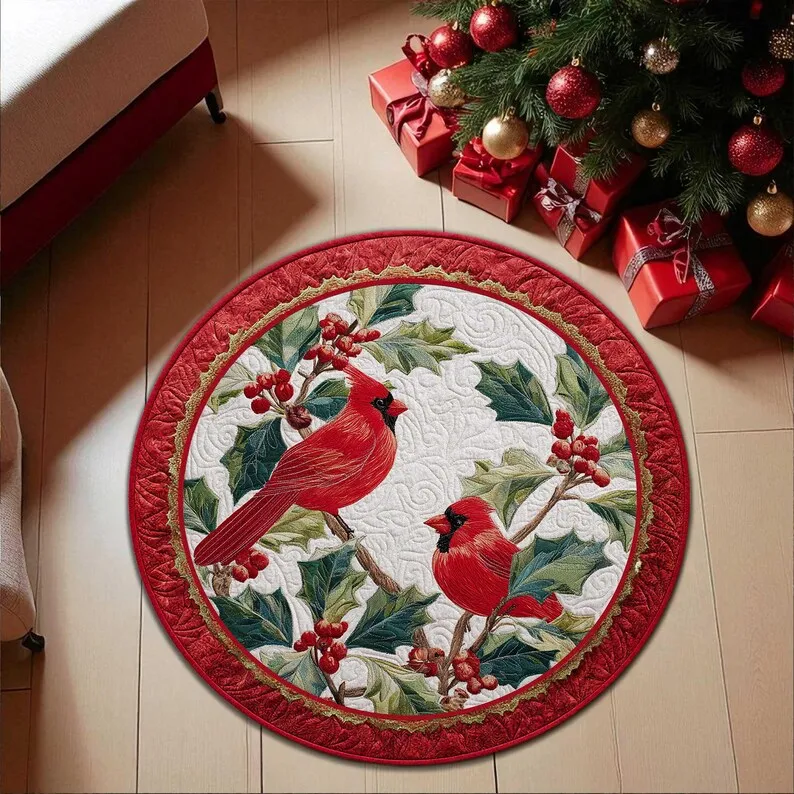 Cardinal Bird Christmas Round Doormat, Welcome Holiday Mat, Festive Home Decor Rug, Indoor Xmas Gift Idea (2D Flat Printing)