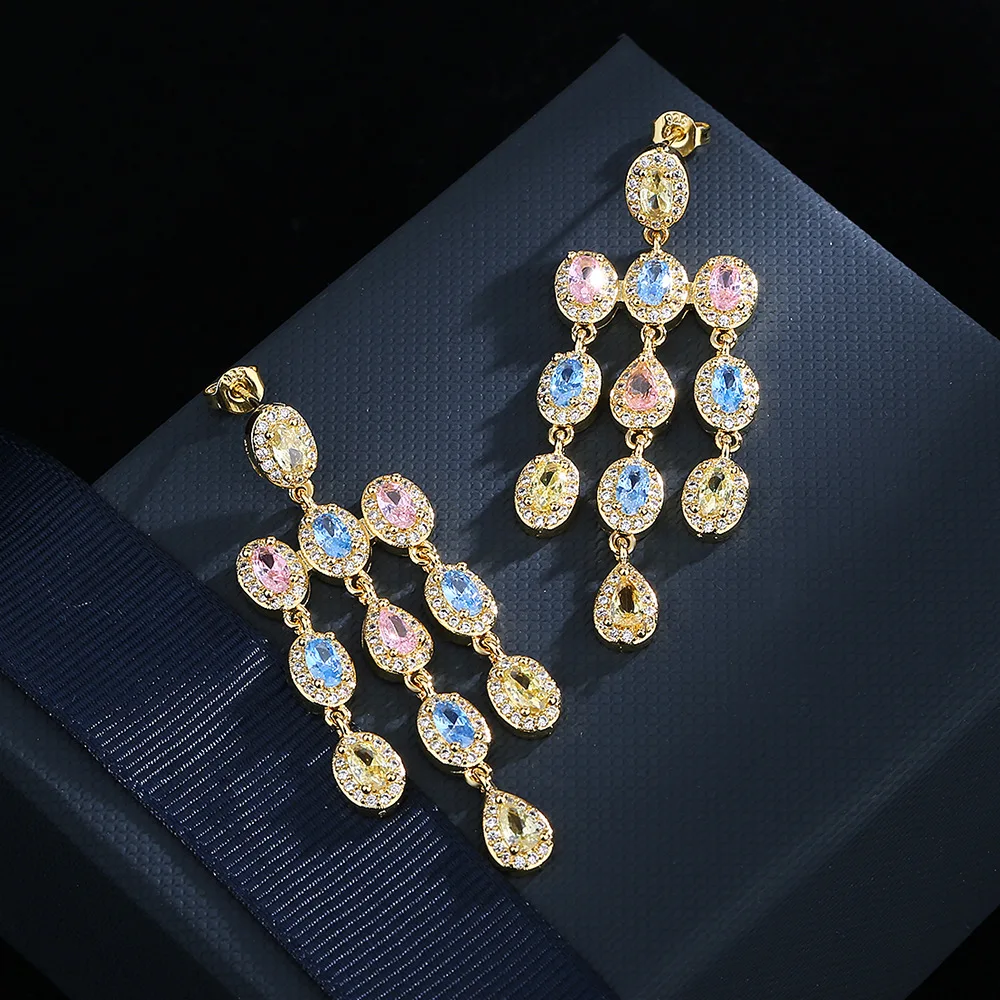 S925 الفضة الفاخرة مايكرو مجموعة الزركون رائعة الملونة الزركون كبار الأقراط الطويلة السيدات حفلة عيد ميلاد مجوهرات هدية