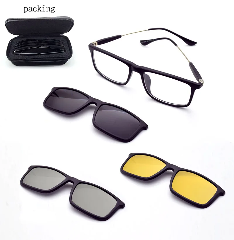 Full Frame Glasses Square Frame Men's 3D Magnet Clip On Myopia Glasses Polarized Glasses Sunglasses Night Vision goggles 53 18