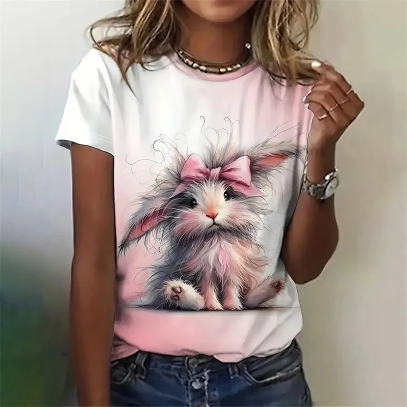 3D Printed Rabbit T Shirt For Women Cute Animal Pattern Short Sleeves Summer Casual Fashion Street O-Neck Tees Oversize T-Shirts