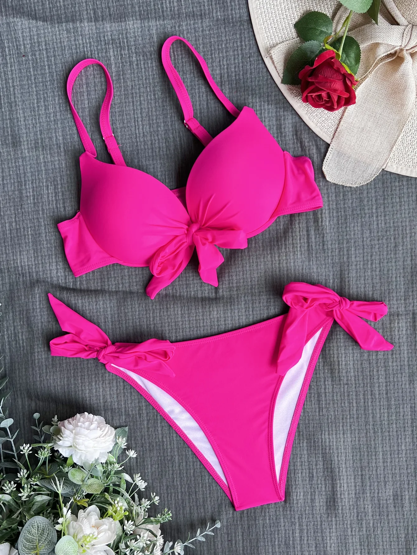 sexy front bow knot push up bikinis two pieces solid swimsuit tie bikini swimsuit Swimwear Biquini conjunto de bikini tankini