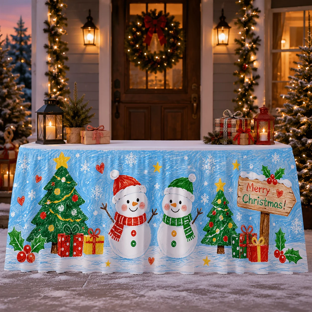 1 tablecloth table skirt, children's crayon Christmas table skirt, snowman Christmas tree gift box, male quinoa, merry Christmas