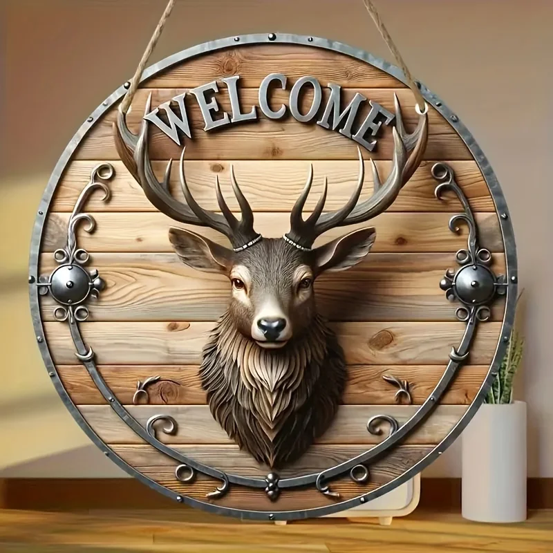 Charmant panneau de bienvenue rond en bois avec tête de cerf – parfait pour la décoration de la maison, de la ferme, du jardin, du bar ou d'entrée.