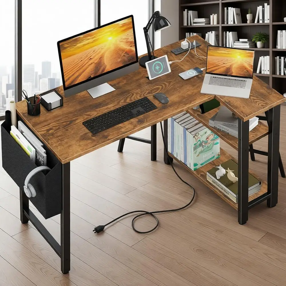Rustic Brown 40 Inch L-Shaped Desk with Power Outlet Shelves for Small Home Office