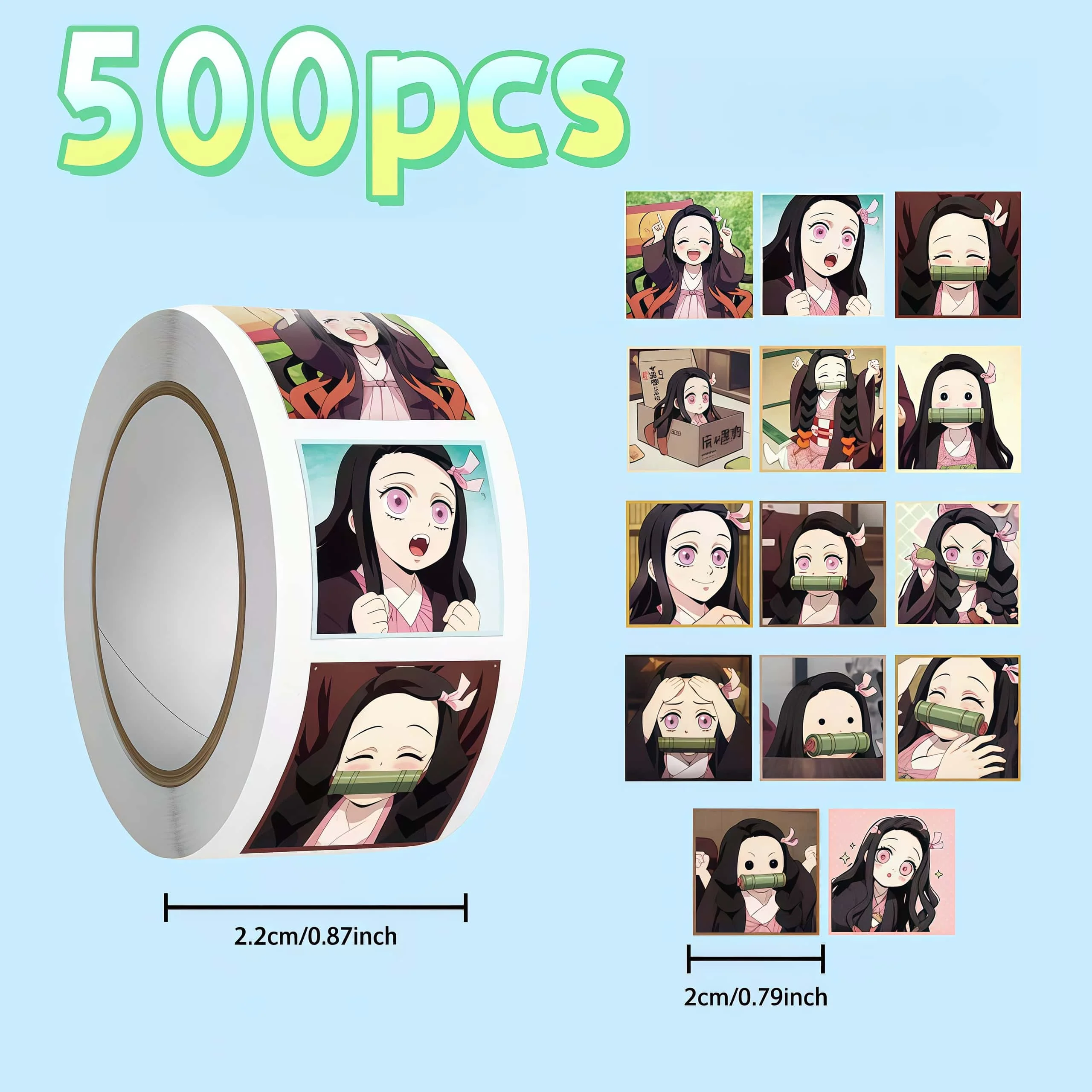 500Pcs Demon Slayer Nezuko Square Sticker Roll, Multi Expression Kamado Nezuko Anime Labels for Package Sealing Journal Manga