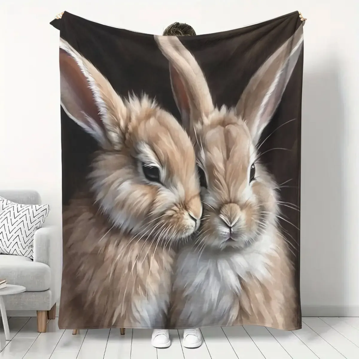 Lovely Two Fluffy Bunnies Close‑up Portrait Sweet Pet Rabbit Dark Background Pattern Flannel Blanket Warm Printed Throw Blanket