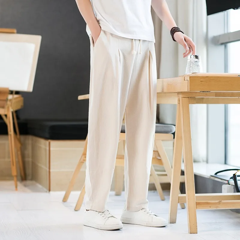 Casual Pants for Men and Young People in Large Chinese Style Loose Solid Color Pants, Linen Sports Harlan Pants