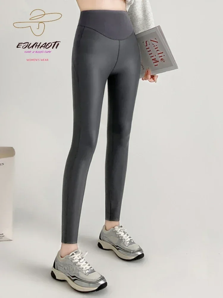 Leggings Sexy in pile di pelle PU da donna cadono nuovi pantaloni attillati elasticizzati pantaloni Fitness con giunture in vita ad alta elasticità