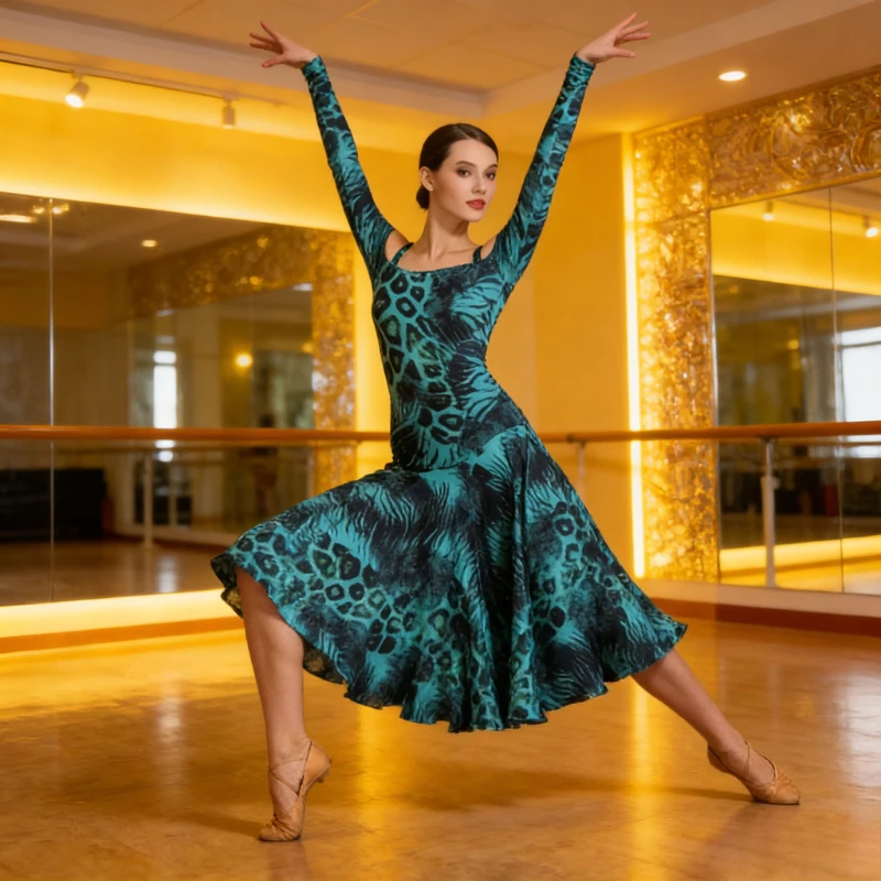 Elegant Adult Modern Dress Ice Silk Printed Ballroom Outfit Flowy Design Perfect for Professional Training and Competitions