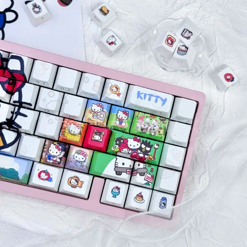 130 Keys Kawaii HelloKitty Themed Keycaps Set for Mechanical Keyboards Heat-sublimation PBT Material Keycaps Durable Keycap