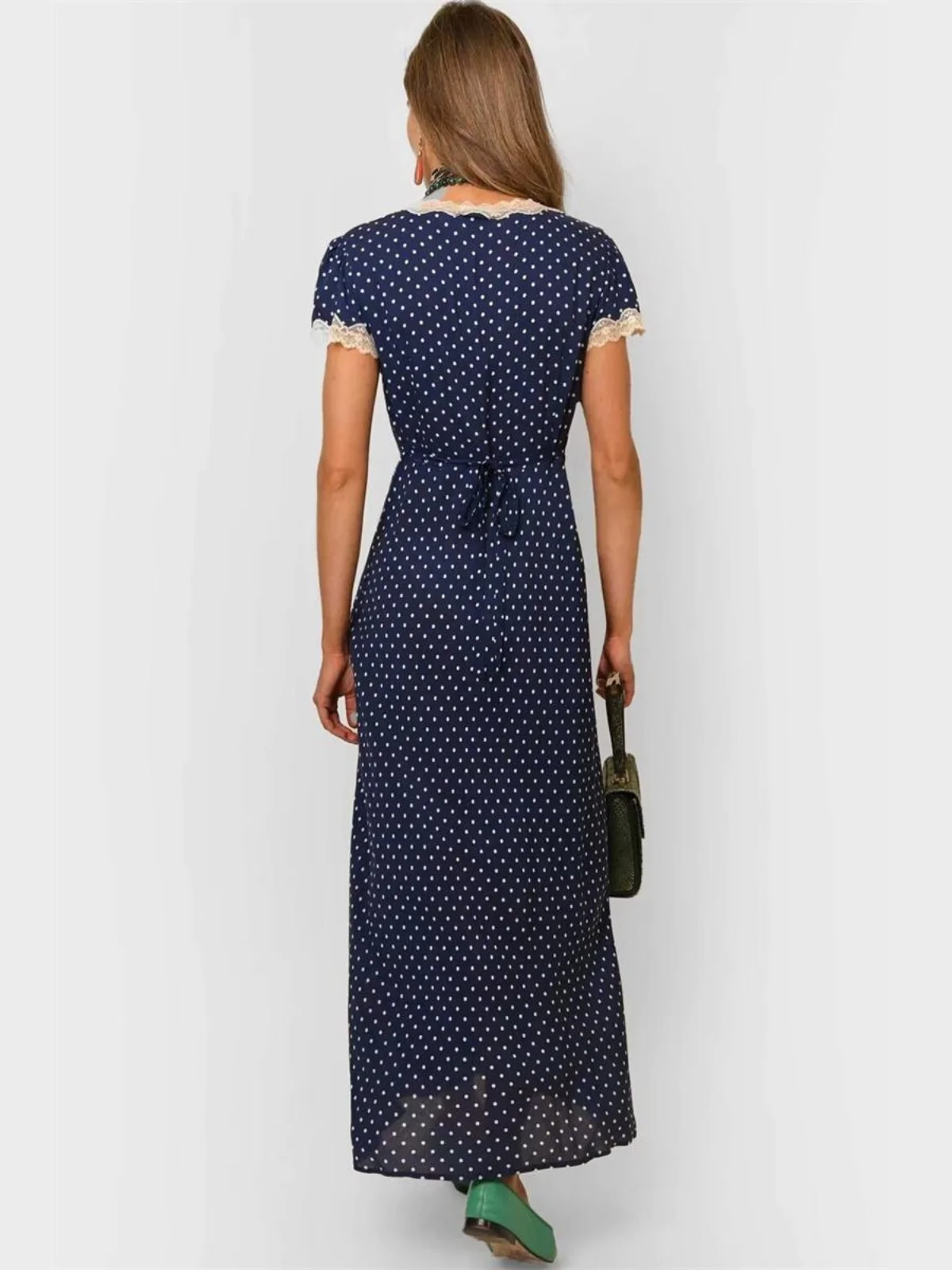 Retro Polka Dot Spitze Spleißen V-ne Schlankheits Design Lange Dr Tea Break A-linie Rock ort Sve Frühling Sommer Herbst frauen...