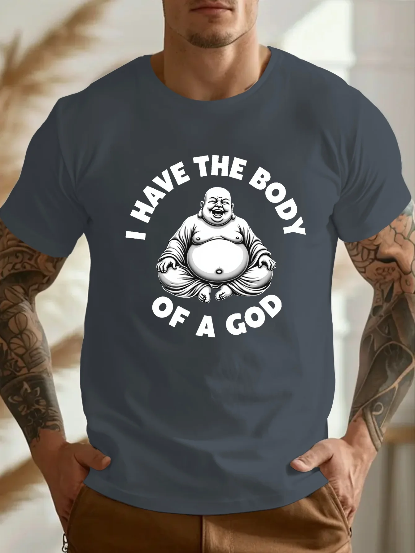 Funny Buddha Body Quote T-shirt I Have The Body of A God Retro Laughing Buddha Graphic Men Casual Cotton Tee