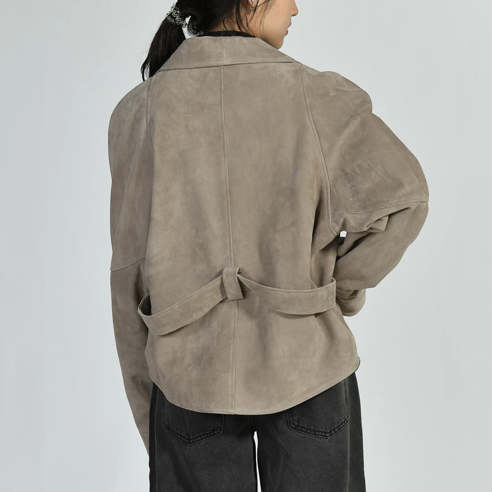 Jxwatcher Women's Real Suede Leather Coat 2025 Spring Autumn New Style Genuine Sheepskin Jacket Ladies Fashion Blazer with Belt