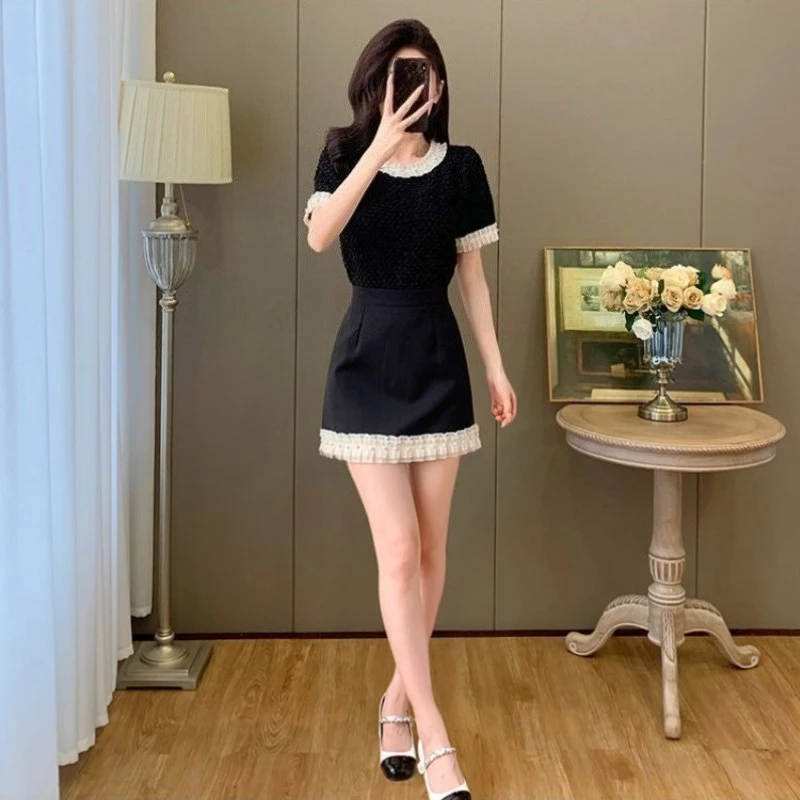 

Women's 2026 Spring Summer Elegant Breathable Lace Short Skirt High Waist Patchwork A-Line Bodycon Suit Style