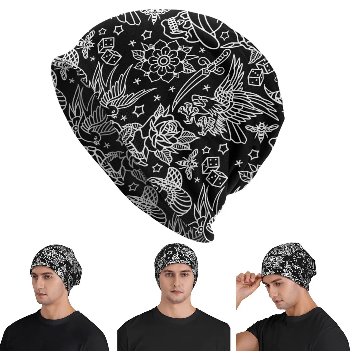

American Traditional Tattoo Flash Print Skullies Beanies Hats Warm Autumn Winter Outdoor Cap Knitted Bonnet Caps for Men Women