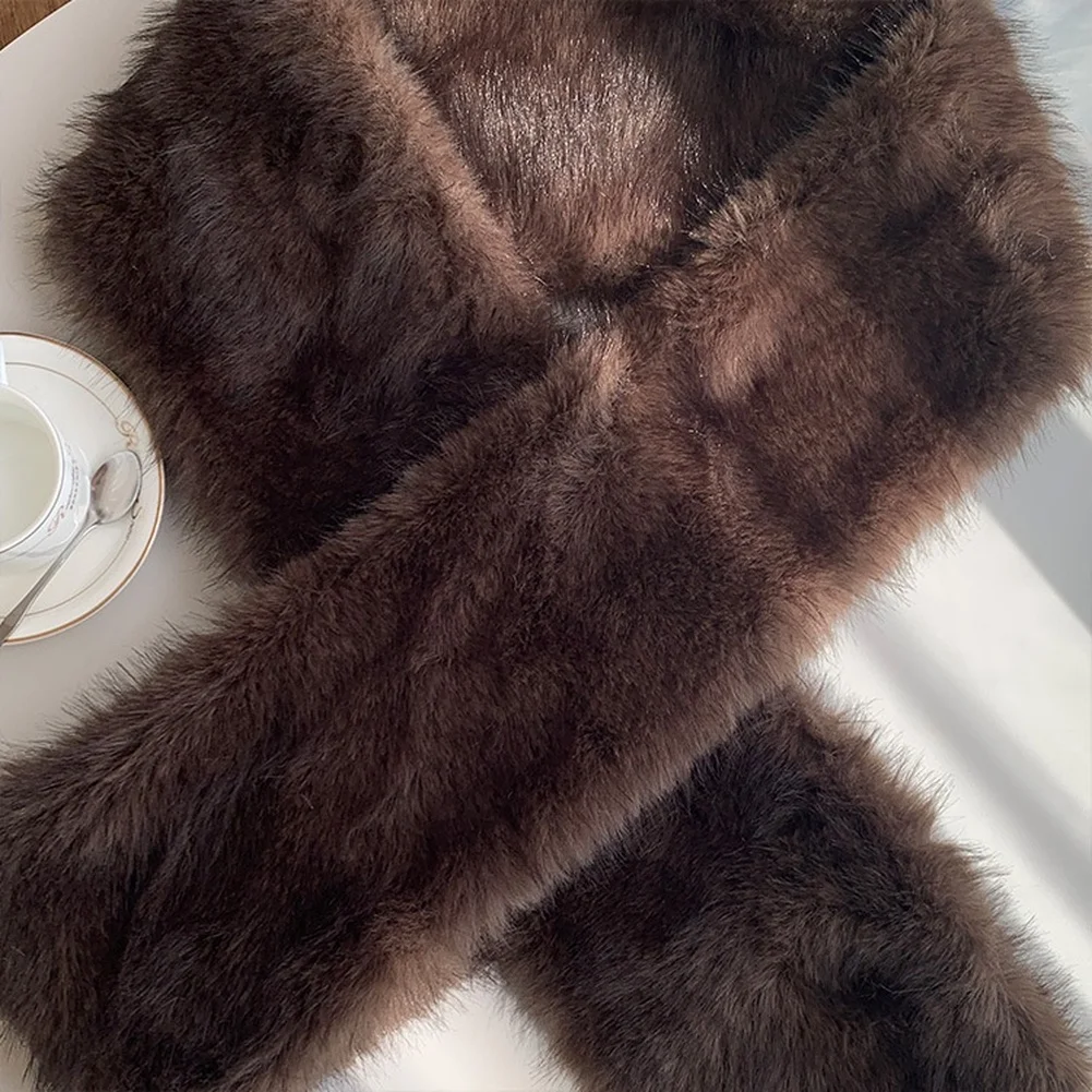 Dark Brown Faux Plush Scarf Women Winter Thick Warm Long Shawl Wrap Double Sided Knit Reversible Layering Coverage