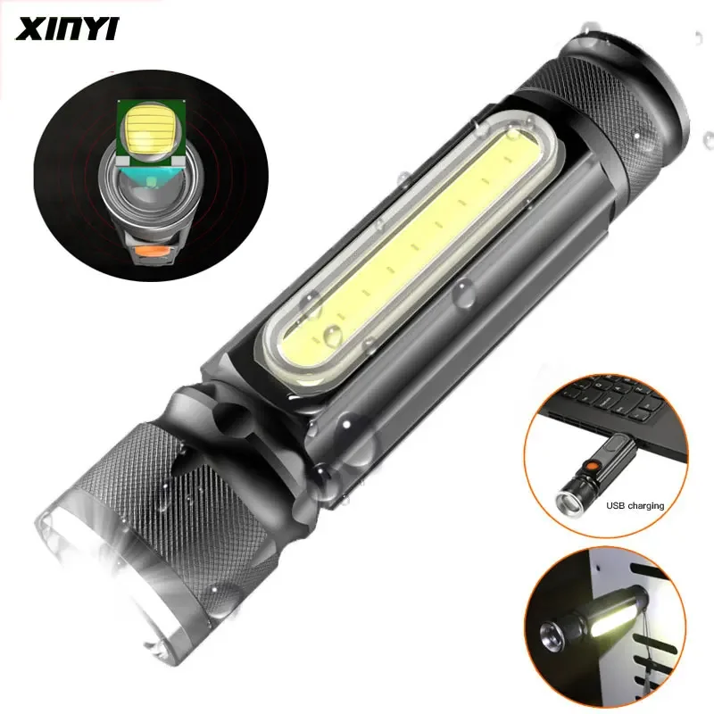 

6000LM USB Rechargeable Multifunctional LED Flashlight Built-in battery Powerful T6 torch Side COB Light tail magnet Work Light