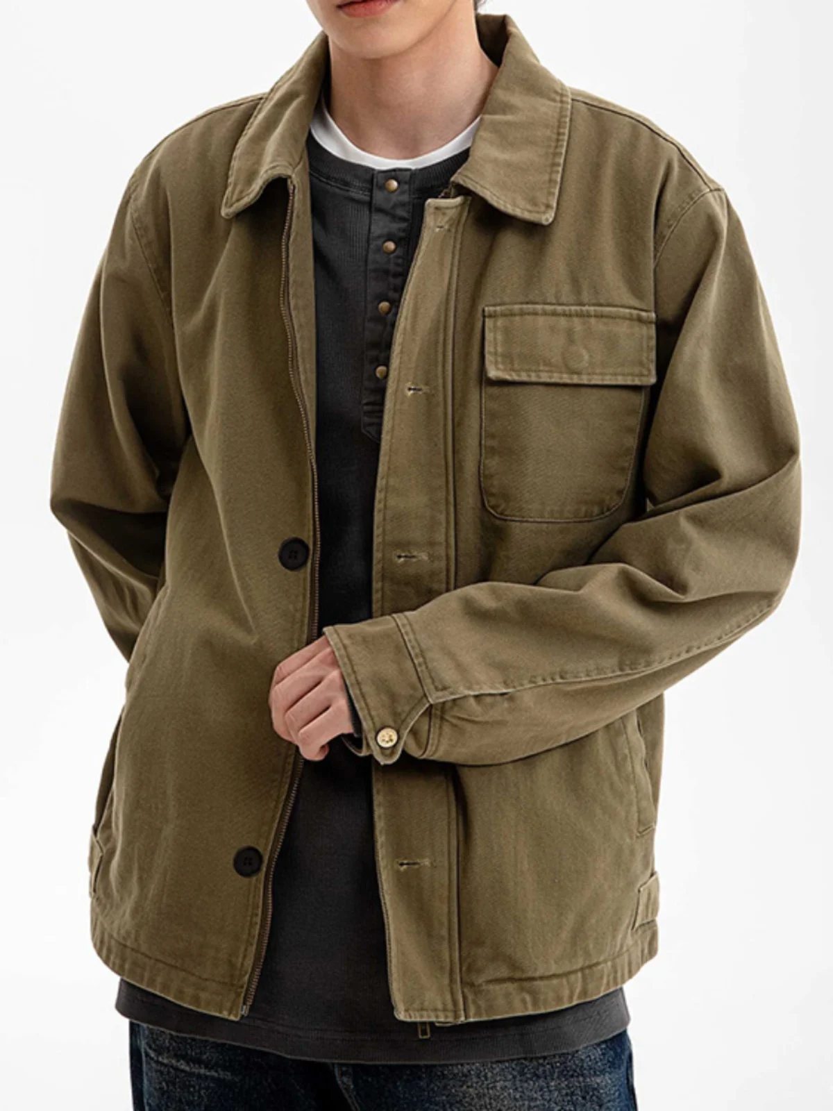 

Heavyweight Pure Cotton Workwear Jacket Men's Spring Autumn Thick Collar Pocket American Casual Japanese Retro Khaki Trendy