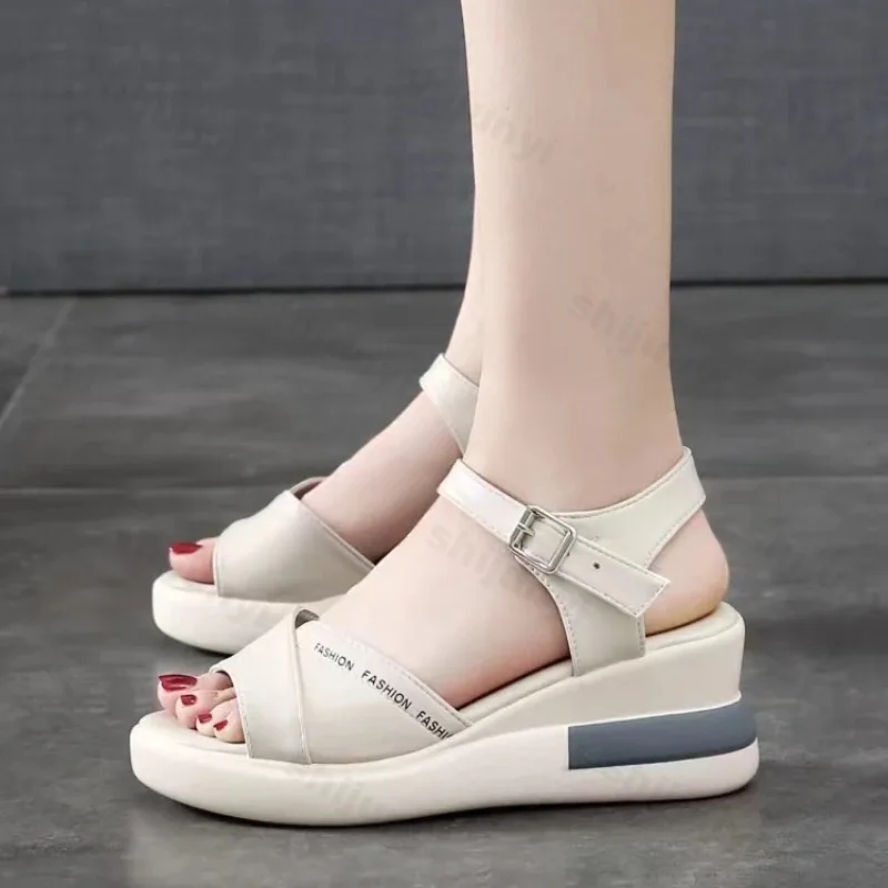 Wedge Platform Sandals for Women 2024 Summer New Roman Sandals Thick Sole Casual Open Toe Middle Heel Fish Mouth Beach Sandals