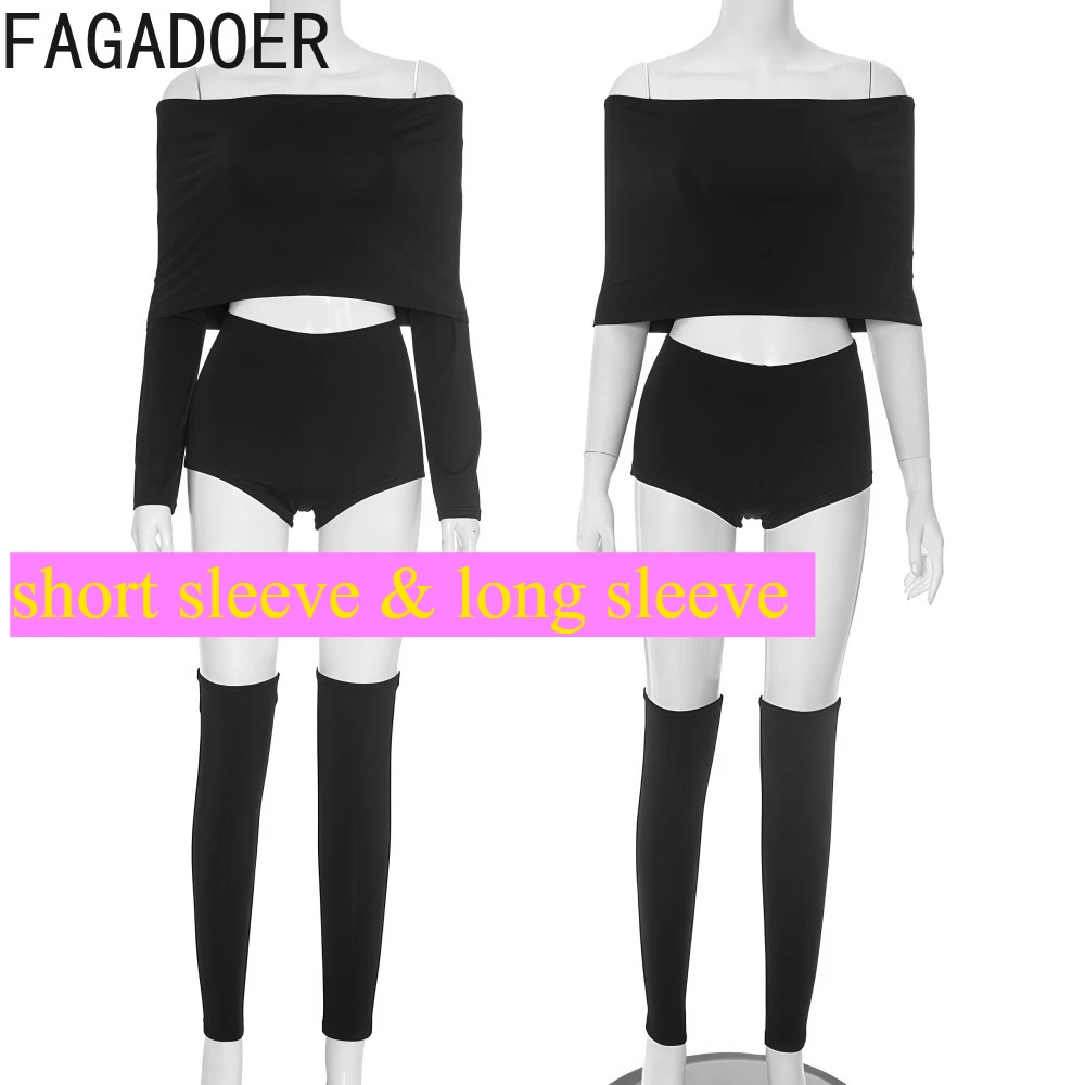 FAGADOER خريف جديد مثير 3 قطع مجموعة للمرأة قبالة الكتف طويلة الأكمام المحاصيل الأعلى + شورت + ملابس طويلة الأكمام الإناث الشارع الشهير