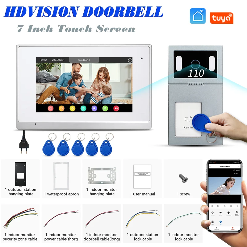 

Multi Function 7 Inch Video Doorbell Door Camera Wide Angle RFID Unlock Remote Unlock Visitor Record Ring Door Bell