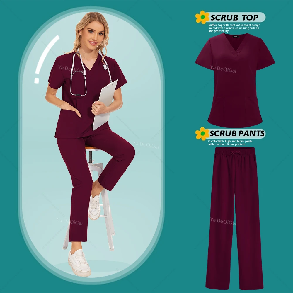 Unisex Medisch Verpleegkundige Uniform Korte Mouw V-Hals Effen Scrubs Set Arts Elastische Operatiekamer Tops En Broek Werkkleding