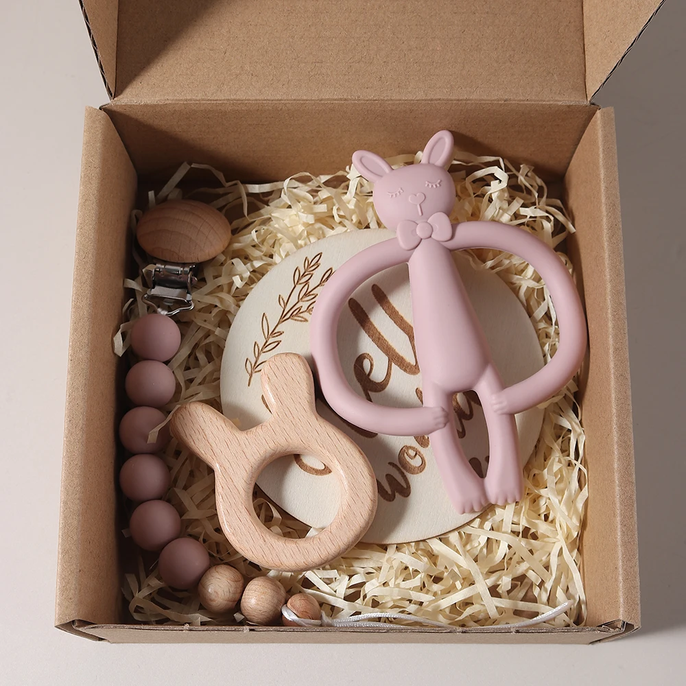 Neues Silikon-Hasen-Beißring-Set, Niedliches Baby-Karton-Hasen-Silikon-Schnullerketten-Set, Schnullerhalter-Ketten-Geschenkset