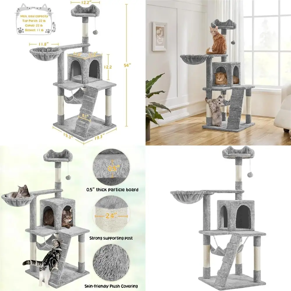 

Компактный светло-серый кошачий комплекс 54 (см) для дома с гамаком, когтеточкой и плюшевой лежанкой для небольших помещений