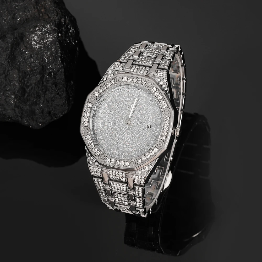 Conjunto de joyería de reloj plateado para hombre, reloj octagonal con incrustaciones de diamantes Punk de Hip-hop + pulsera de cadena de tenis, conjunto de regalo elegante para hombre y mujer, 2 uds.