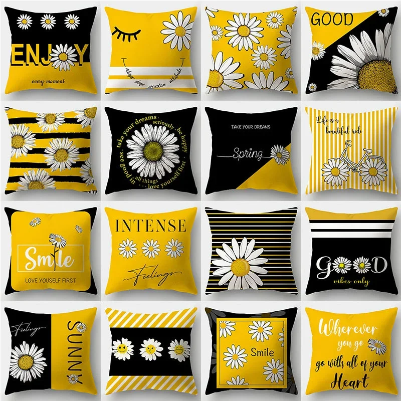 Modern Yellow Daisy Flower Cushion Cover Creative Letter Print Pillowcase 45x45cm  Home Decor  Textile Finished