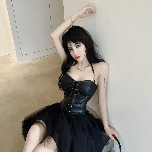 من المألوف الأسود بو الجلود التعادل حزام الرسن الرقبة حبال سترة جديدة فتاة ساخنة مثير الأعلى