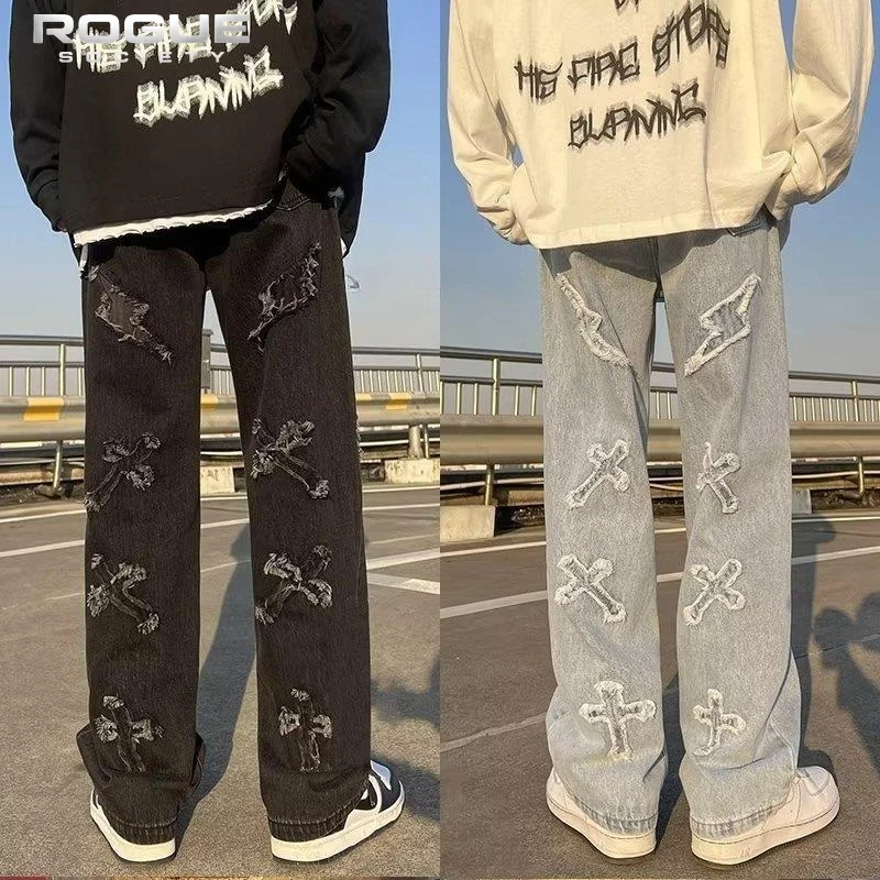 New American Hip Hop Cross Patch Jeans Men Baggy Harajuku Distressed High Street Denim Pants Y2K Grunge Casual Trousers Unisex