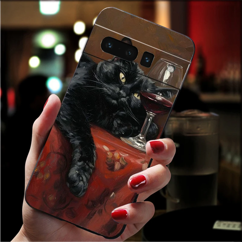 

Phone Case For Google Pixel 10 9 Pro XL 9A 8 7 6 Pro Pixel 8A 7A 6A Pixel 8 7 6 5 Art Black Cat Wave Van
