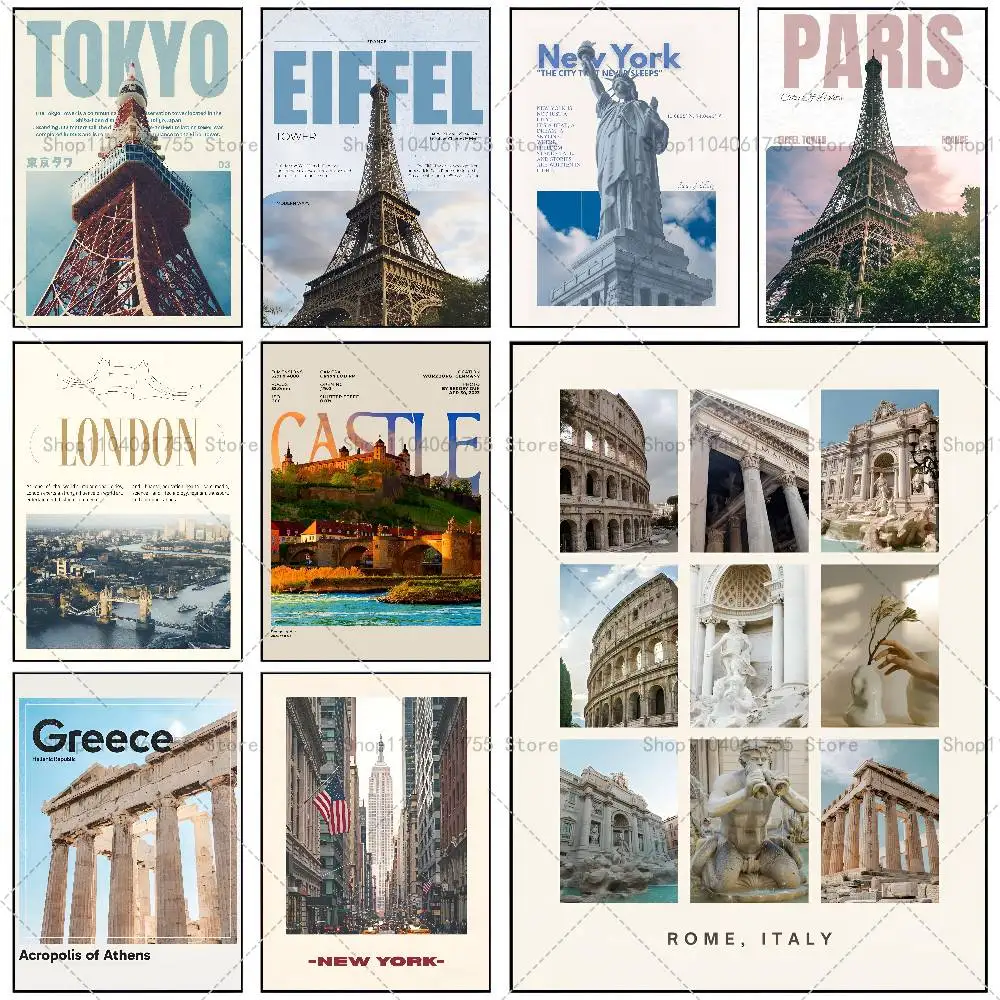 World Tourism Landscape Poster Self-adhesive Art Waterproof Paper Sticker Coffee House Bar Room Wall Decor