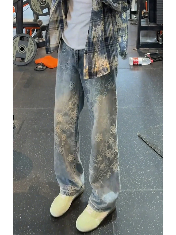 

Cleanfit Blue Embroidered Floral Patterned Men's Straight Leg Jeans High Street Heavy Duty Washed Bell Bottoms mid Waist Zipper