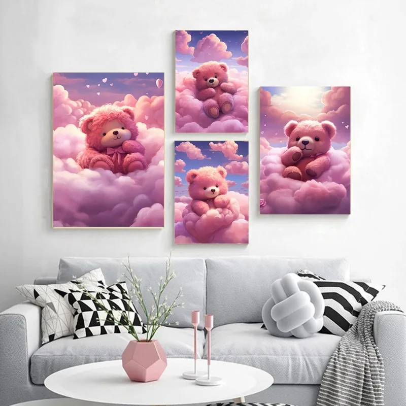 Pink Series Cute Teddy Bear Cloud Dreamland Posters and Prints Canvas Painting Wall Art Picture for Kids Room Nursery Home Decor