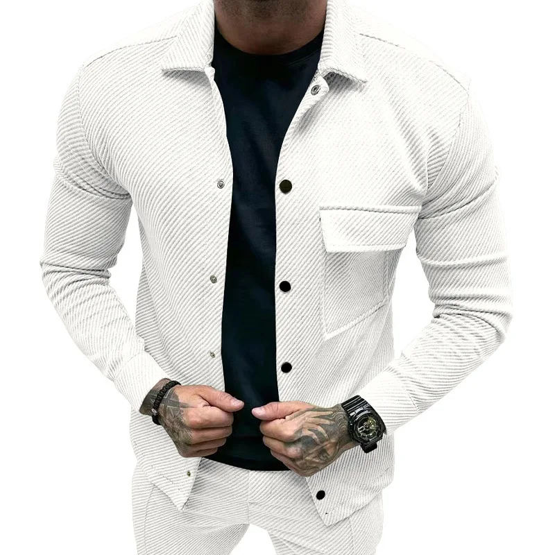 

New men's autumn casual heavyweight ribbed collar long-sleeved shirt, European single-button pure color fitted jacket EUR size